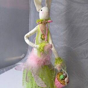 Whimsical Tall Easter Bunny Fabric Doll Lime Green Sequin Skirt Pink Feathers